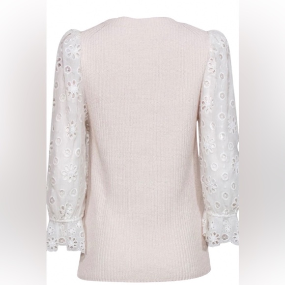Rebecca Taylor Cream Ribbed Cotton & Silk W/Eyelet Puff Sleeve Sweater - Picture 2 of 10